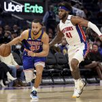 
              Golden State Warriors guard Stephen Curry (30) drives to the basket against Detroit Pistons forward Saddiq Bey (41) during the second half of an NBA basketball game in San Francisco, Tuesday, Jan. 18, 2022. (AP Photo/Jed Jacobsohn)
            