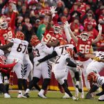 
              Cincinnati Bengals kicker Evan McPherson (2) kicks a 31-yard field goal during overtime in the AFC championship NFL football game against the Kansas City Chiefs, Sunday, Jan. 30, 2022, in Kansas City, Mo. The Bengals won 27-24. (AP Photo/Charlie Riedel)
            