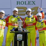 
              Winners of the LeMans Prototype 2 class in the Rolex 24 hour auto race, from left to right, Mexico's Patricio O'Ward, Eric Lux, Devlin Defrancesco and Cotlon Herta pose at Daytona International Speedway, Sunday, Jan. 30, 2022, in Daytona Beach, Fla. (AP Photo/John Raoux)
            