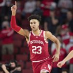 
              Indiana's Trayce Jackson-Davis (23) reacts after making a basket against Nebraska during the first half of an NCAA college basketball game Monday, Jan. 17, 2022, in Lincoln, Neb. (AP Photo/Rebecca S. Gratz)
            