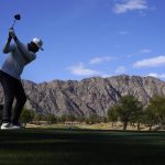 
              Tony Finau hits from the third tee during the third round of the American Express golf tournament on the Pete Dye Stadium Course at PGA West Saturday, Jan. 22, 2022, in La Quinta, Calif. (AP Photo/Marcio Jose Sanchez)
            