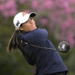 
              Celine Boutier, of France, tees off on the 16th hole during the third round of the Tournament of Champions LPGA golf tournament, Saturday, Jan. 22, 2022, in Orlando, Fla. (AP Photo/Phelan M. Ebenhack)
            