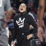 
              South Carolina head coach Dawn Staley communicates with players during the second half of an NCAA college basketball game against Vanderbilt Monday, Jan. 24, 2022, in Columbia, S.C. South Carolina won 85-30. (AP Photo/Sean Rayford)
            