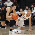 
              Arizona State guard Gabriela Bosquez, left, reaches for the ball in front of Stanford guard Anna Wilson during the second half of an NCAA college basketball game in Stanford, Calif., Friday, Jan. 28, 2022. (AP Photo/Jeff Chiu)
            