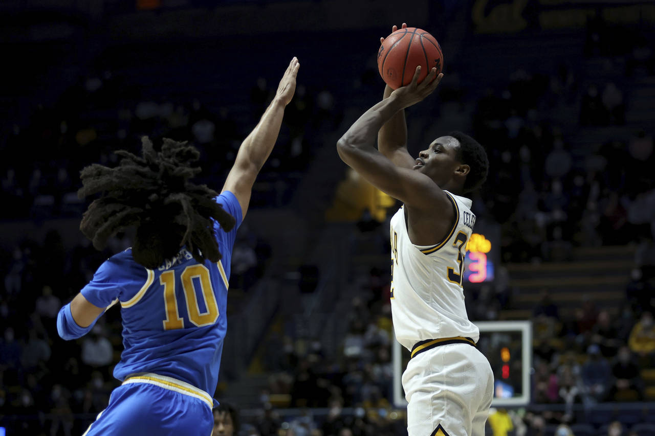 California guard Jalen Celestine (32) shoots against UCLA guard Tyger Campbell (10) during the firs...