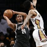 
              New Orleans Pelicans guard Nickeil Alexander-Walker (6) defends against Brooklyn Nets guard Cam Thomas (24) during the first half of an NBA basketball game, Saturday, Jan. 15, 2022, in New York. (AP Photo/Noah K. Murray)
            