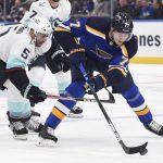 Seattle Kraken defenseman Mark Giordano (5) defends against St. Louis Blues defenseman Niko Mikkola (77) during the second period of an NHL hockey game Thursday, Jan. 13, 2022, in St. Louis. (AP Photo/Joe Puetz)