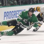
              Dallas Stars defenseman John Klingberg (3) chases the puck against Pittsburgh Penguins center Teddy Blueger (53) during the second period of an NHL hockey game in Dallas, Saturday, Jan. 8, 2022. (AP Photo/LM Otero)
            
