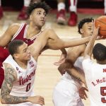 
              Indiana's Trayce Jackson-Davis, top left, reaches for a rebound against Nebraska's C.J. Wilcher (0), Trey McGowens, top right, and Bryce McGowens (5) during the second half of an NCAA college basketball game Monday, Jan. 17, 2022, in Lincoln, Neb. (AP Photo/Rebecca S. Gratz)
            