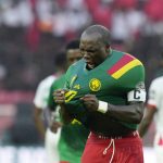 
              Cameroon's captain Vincent Aboubakar celebrates his second goal of the match, during the African Cup of Nations 2022 group A soccer match between Cameroon and Burkina Faso at the Olembe stadium in Yaounde, Cameroon, Sunday, Jan. 9, 2022. (AP Photo/Themba Hadebe)
            