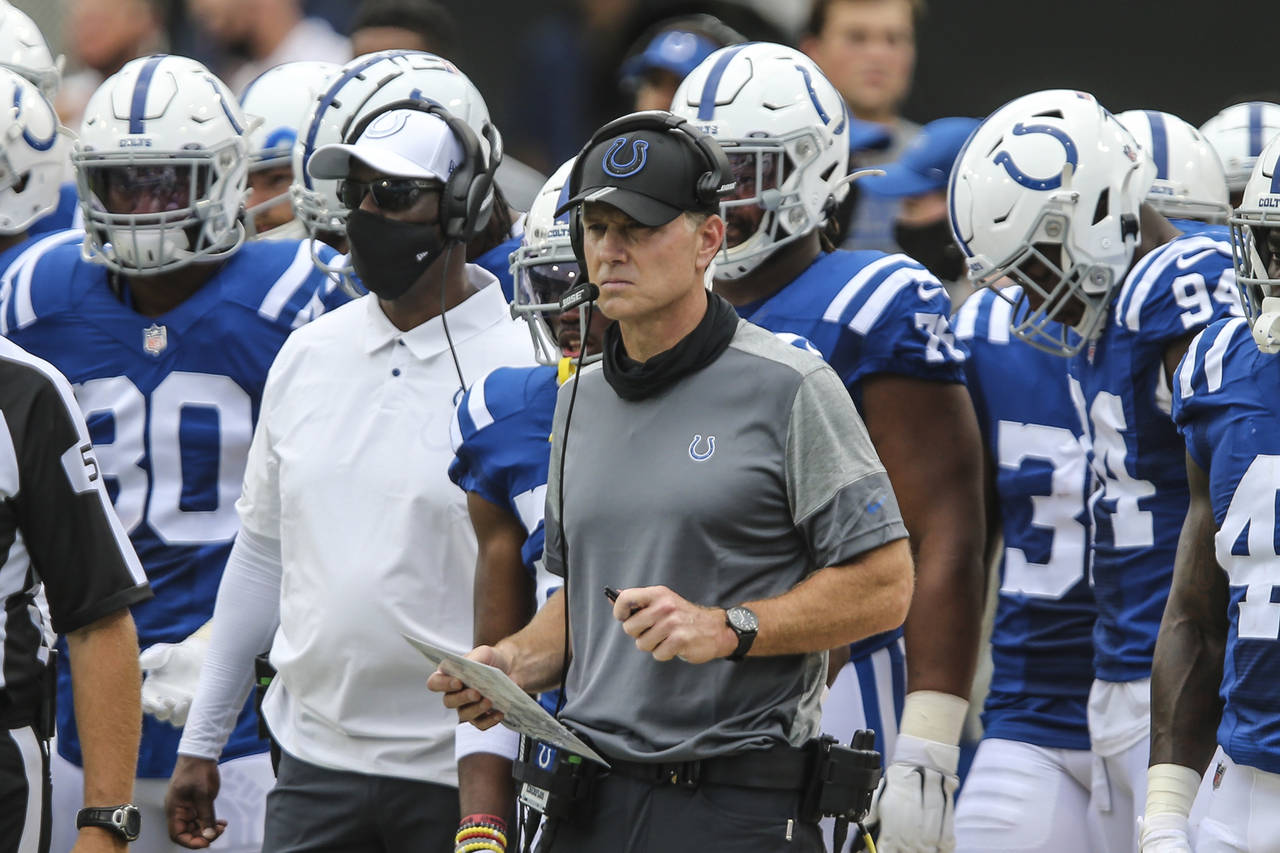 FILE - Indianapolis Colts defensive coordinator Matt Eberflus is shown during the first half of an ...