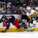 
              Pittsburgh Penguins forward Sidney Crosby, right, trips Columbus Blue Jackets defenseman Zach Werenski during the second period of an NHL hockey game in Columbus, Ohio, Friday, Jan. 21, 2022. Crosby was called for a penalty on the play. (AP Photo/Paul Vernon)
            