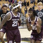 
              Texas A&M's Tyrece Radford, left, and Manny Obaseki, right, celebrate after defeating Missouri 67-64 in an NCAA college basketball game Saturday, Jan. 15, 2022, in Columbia, Mo. (AP Photo/L.G. Patterson)
            