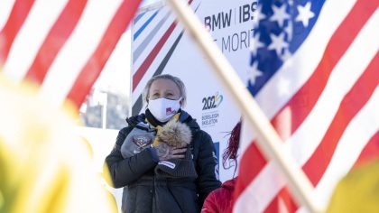 Winner Kaillie Humphries of USA on the podium after the Women's Monobob World Cup in St. Moritz, Sw...