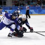 
              FILE - Martin Bakos (83), of Slovakia, and Troy Terry (23), of the United States, battle for the puck during the second period of the preliminary round of the men's hockey game at the 2018 Winter Olympics in Gangneung, South Korea, Friday, Feb. 16, 2018. USA Hockey and Hockey Canada are eyeing several college players to play at the Olympics after the NHL decided not to participate in Beijing. Anaheim’s Troy Terry, Minnesota’s Jordan Greenway and Seattle’s Ryan Donato played for the U.S. in Pyeongchang. They are major proponents of college players taking the chance, even if it means missing part of the NCAA season. (AP Photo/Julio Cortez, File)
            