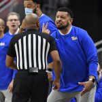
              Pittsburgh head coach Jeff Capel argues a call with referee Jeffrey Anderson during the first half of an NCAA college basketball game in Louisville, Ky., Wednesday, Jan. 5, 2022. Louisville won 75-72. (AP Photo/Timothy D. Easley)
            
