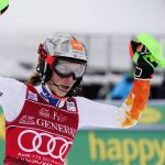 
              Slovakia's Petra Vlhova celebrates after winning the alpine ski, World Cup women's slalom in Kranjska Gora, Slovenia, Sunday, Jan. 9, 2022. (AP Photo/Pier Marco Tacca)
            