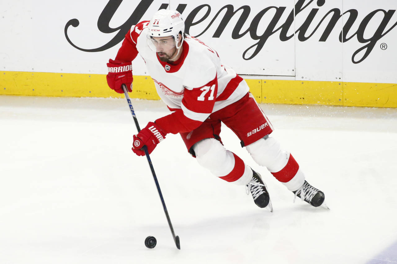 Detroit Red Wings center Dylan Larkin (71) carries the puck during the third period of an NHL hocke...