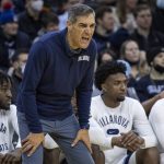 
              Villanova head coach Jay Wright shouts from during the first half of an NCAA college basketball game against Butler , Sunday, Jan. 16, 2022, in Philadelphia, Pa. (AP Photo/Laurence Kesterson)
            