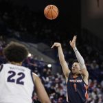 Pepperdine guard Mike Mitchell Jr. shoots during the first half of the team's NCAA college basketball game against Gonzaga, Saturday, Jan. 8, 2022, in Spokane, Wash. (AP Photo/Young Kwak)