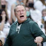 
              Michigan State coach Tom Izzo reacts during the second half of an NCAA college basketball game against Northwestern, Saturday, Jan. 15, 2022, in East Lansing, Mich. Northwestern won 64-62. (AP Photo/Al Goldis)
            
