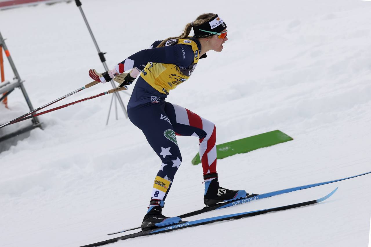 FILE - United States' Jessie Diggins competes during a women's Tour de Ski, cross-country ski sprin...