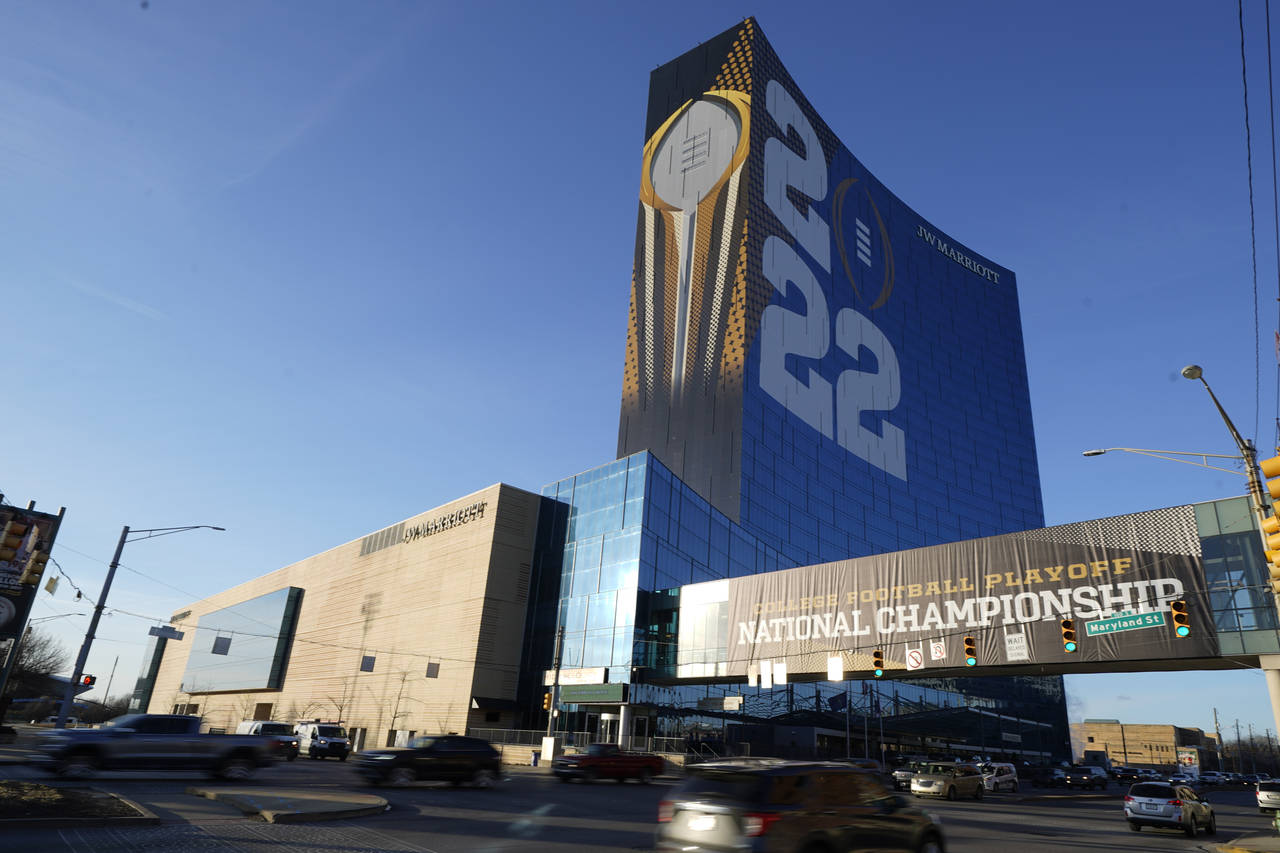 The College Football Playoff National Championship event logo is displayed on the outside of the JW...