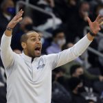 
              Butler head coach LaVall Jordan reacts to a call during the first half of an NCAA college basketball game against Providence, Sunday, Jan. 23, 2022, in Providence, R.I. (AP Photo/Mary Schwalm)
            