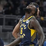 
              Indiana Pacers' Lance Stephenson reacts at the end of the first quarter of the team's NBA basketball game against the Brooklyn Nets, Wednesday, Jan. 5, 2022, in Indianapolis. (AP Photo/Darron Cummings)
            