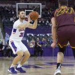 
              Evansville's Noah Frederking takes a 3-point shot against Loyola Chicago during an NCAA college basketball game in Evansville, Ind., Tuesday, Jan. 18, 2022. (Macabe Brown
            
