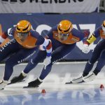 
              FILE - From left to right, Netherlands' Dai Dai Ntab, Kai Verbij and Thomas Krol race during the men's team sprint competition at the world single distances speedskating championships Feb. 13, 2020, in Kearns, Utah. Krol believed he was going to the Olympics four years ago. The speedskater finished third at the Dutch trials, and then politics intervened. The national federation named Verbij to the team for Pyeongchang. Verbij was injured at the trials and unable to compete in the 1,000 meters, but he was chosen over Krol. (AP Photo/Rick Bowmer, File)
            