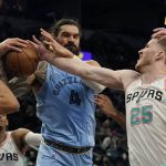 
              Memphis Grizzlies center Steven Adams (4) and San Antonio Spurs center Jakob Poeltl (25) scramble for a rebound during the second half of an NBA basketball game, Wednesday, Jan. 26, 2022, in San Antonio. (AP Photo/Eric Gay)
            
