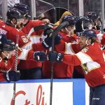 
              Florida Panthers left wing Ryan Lomberg, right, celebrates after scoring a goal during the second period of an NHL hockey game against the Calgary Flames, Tuesday, Jan. 4, 2022, in Sunrise, Fla. (AP Photo/Lynne Sladky)
            
