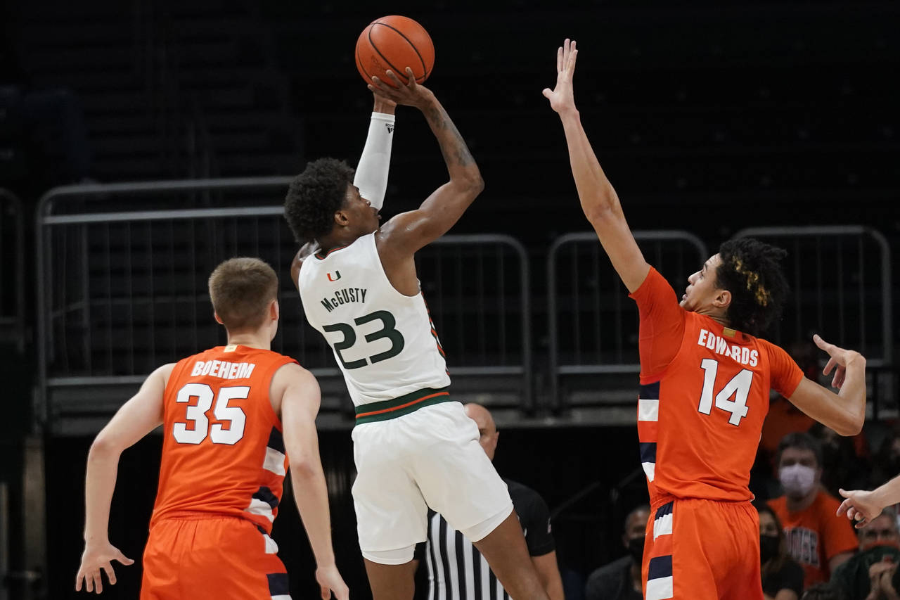 Miami guard Kameron McGusty (23) takes a shot against Syracuse center Jesse Edwards (14) and guard ...