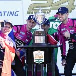 
              Simon Pagenaud, left, of France, takes a selfie photo with teammates, Oliver Jarvis, of Great Britain, Helio Castroneves, of Brazil and Tom Blomqvist, of Monaco after winning the Rolex 24 hour auto race at Daytona International Speedway, Sunday, Jan. 30, 2022, in Daytona Beach, Fla. (AP Photo/John Raoux)
            