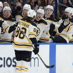 
              Boston Bruins right wing David Pastrnak (88) celebrates with the bench after his goal against the Tampa Bay Lightning during the first period of an NHL hockey game Saturday, Jan. 8, 2022, in Tampa, Fla. (AP Photo/Chris O'Meara)
            