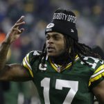 
              Green Bay Packers' Davante Adams acknowledges the crowd after an NFL football game against the Minnesota Vikings Sunday, Jan. 2, 2022, in Green Bay, Wis. The Packers won 37-10. (AP Photo/Matt Ludtke)
            