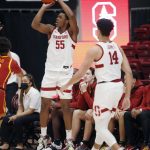 
              Stanford forward Harrison Ingram (55) makes a 3-point shot against Southern California during the first half of an NCAA college basketball game Tuesday, Jan. 11, 2022, in Stanford, Calif. (AP Photo/Josie Lepe)
            