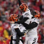 
              Cincinnati Bengals kicker Evan McPherson (2) celebrates with teammates after kicking a 31-yard field goal during overtime in the AFC championship NFL football game against the Kansas City Chiefs, Sunday, Jan. 30, 2022, in Kansas City, Mo. The Bengals won 27-24. (AP Photo/Eric Gay)
            