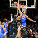 
              Oklahoma City Thunder forward Jeremiah Robinson-Earl (50) blocks Brooklyn Nets guard James Harden's drive to the basket during the first half of an NBA basketball game, Thursday, Jan. 13, 2022, in New York. (AP Photo/Jessie Alcheh)
            