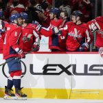 
              Washington Capitals left wing Alex Ovechkin (8) celebrates his goal with teammates in the first period of an NHL hockey game against the Winnipeg Jets, Tuesday, Jan. 18, 2022, in Washington. (AP Photo/Patrick Semansky)
            