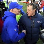 
              FILE - Buffalo Bills head coach Sean McDermott, left, talks to New England Patriots head coach Bill Belichick after an NFL football game, Sunday, Dec. 3, 2017, in Orchard Park, N.Y. The Patriots won 23-3. Bill Belichick and the New England Patriots dominated the Buffalo Bills from 2000 to 2019, it was difficult to dub it a rivalry. The tables finally seem to be turning in the AFC East, with Buffalo having won three of four and consecutive division titles, in preparing to host New England in a wild-card playoff on Saturday night. (AP Photo/Rich Barnes, File)
            