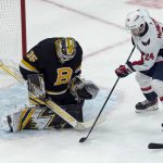 
              Boston Bruins goaltender Linus Ullmark (35) makes a pad-save on a shot by Washington Capitals center Connor McMichael (24) during the first period of an NHL hockey game, Thursday, Jan. 20, 2022, in Boston. (AP Photo/Mary Schwalm)
            