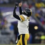 
              Pittsburgh Steelers quarterback Ben Roethlisberger gestures after throwing a touchdown pass to wide receiver Chase Claypool during the second half of an NFL football game against the Baltimore Ravens, Sunday, Jan. 9, 2022, in Baltimore. (AP Photo/Evan Vucci)
            