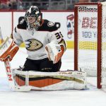 
              Anaheim Ducks goaltender John Gibson watches against the Detroit Red Wings during the second period of an NHL hockey game Monday, Jan. 31, 2022, in Detroit. (AP Photo/Jose Juarez)
            