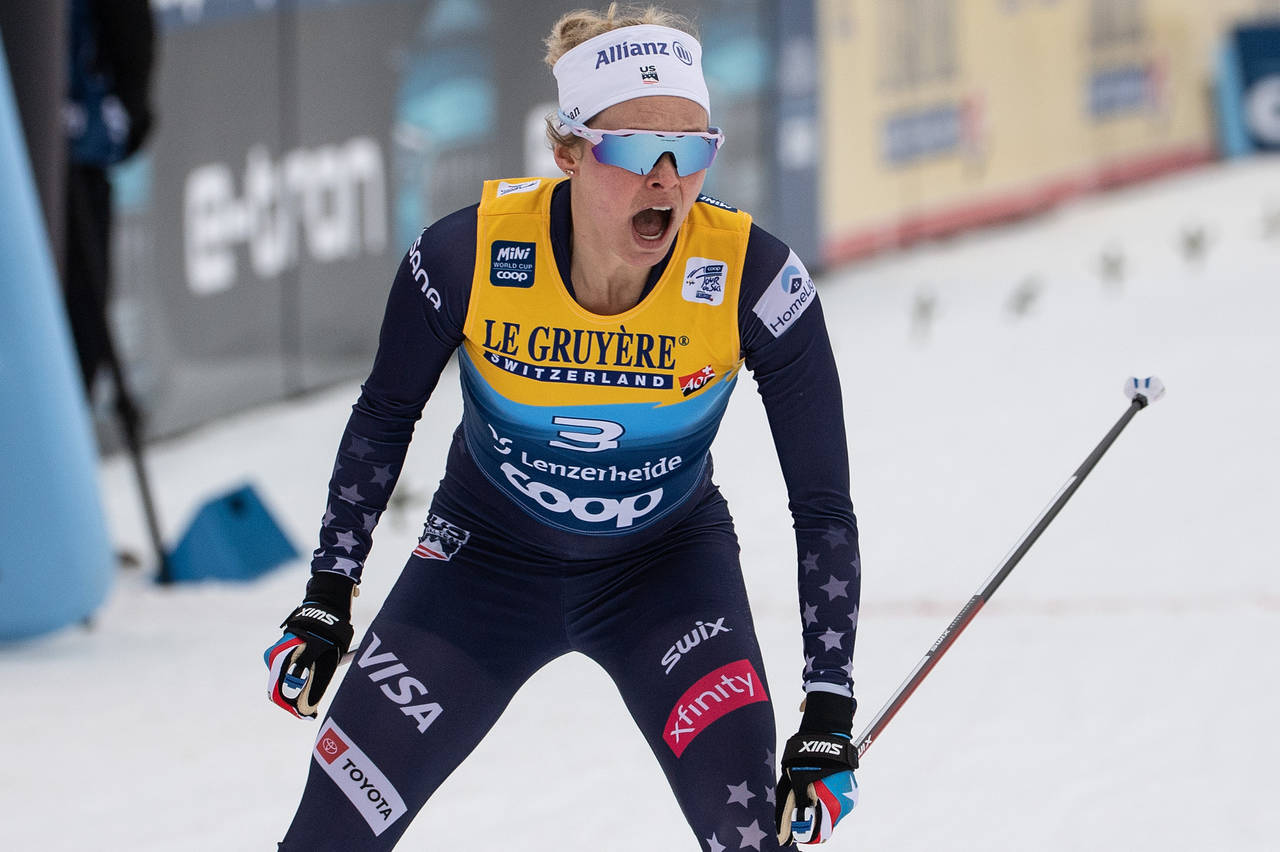 FILE - United States' Jessie Diggins celebrates winning a cross-country ski sprint event at the FIS...
