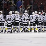 
              The Los Angeles Kings celebrate after defeating the New Jersey Devils in an NHL hockey game Sunday, Jan. 23, 2022, in Newark, N.J. (AP Photo/Adam Hunger)
            