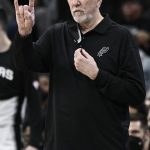 
              San Antonio Spurs head coach Gregg Popovich gestures to his players during the first half of an NBA basketball game against the Philadelphia 76ers, Sunday, Jan. 23, 2022, in San Antonio. (AP Photo/Darren Abate)
            
