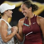 
              Ash Barty, left, of Australia, is congratulated by Madison Keys of the U.S. following their semifinal match at the Australian Open tennis championships in Melbourne, Australia, Thursday, Jan. 27, 2022. (AP Photo/Andy Brownbill)
            
