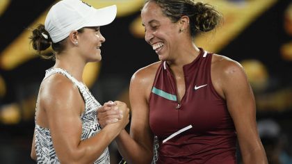Ash Barty, left, of Australia, is congratulated by Madison Keys of the U.S. following their semifin...